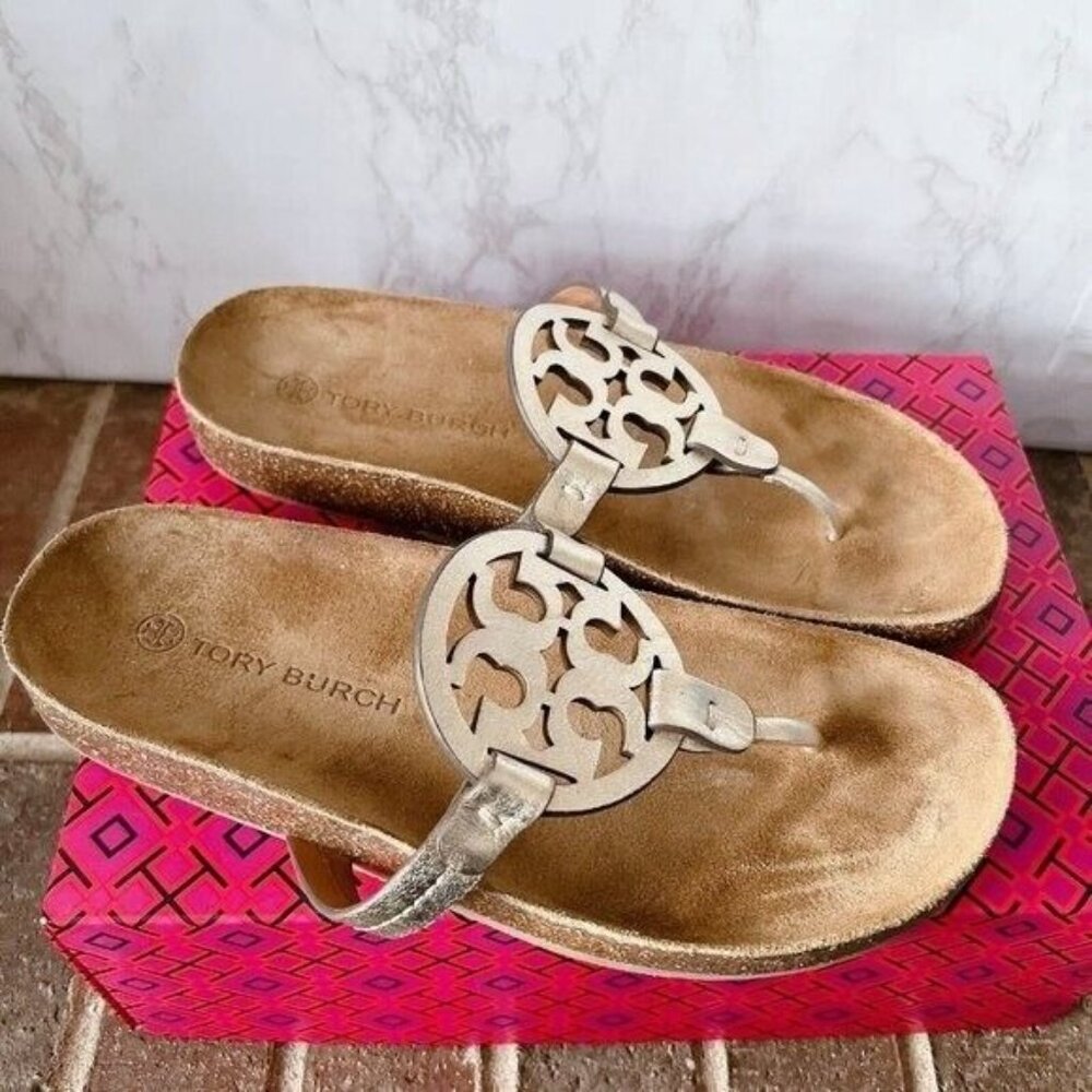 Tory Burch Miller Cloud Thong Flat Sandals Spark Gold Leather Womens US 8 - Picture 4 of 8